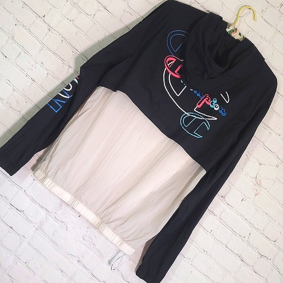 Vintage 90s Champion Spellout Logo Large Print Sleeve Windbreaker Hoodie  Size M - Picture 5 of 16